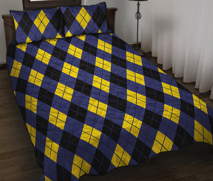 Blue Black And Yellow Argyle Print Quilt Bed Set