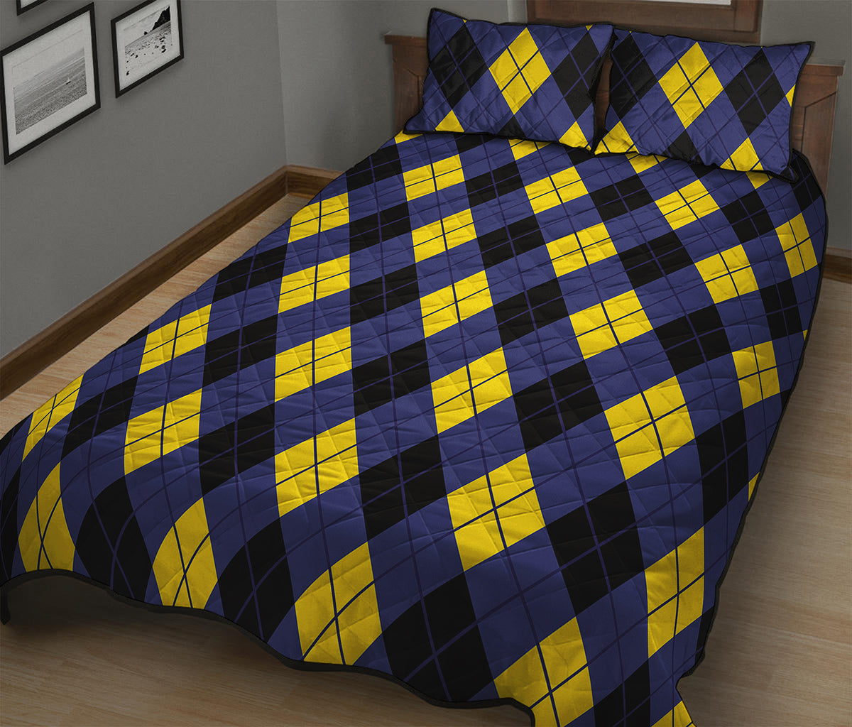 Blue Black And Yellow Argyle Print Quilt Bed Set
