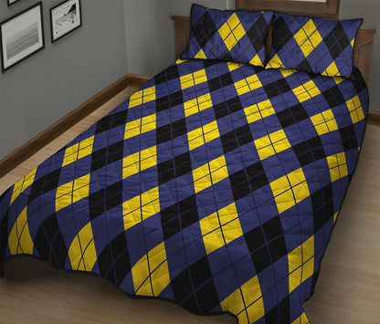Blue Black And Yellow Argyle Print Quilt Bed Set