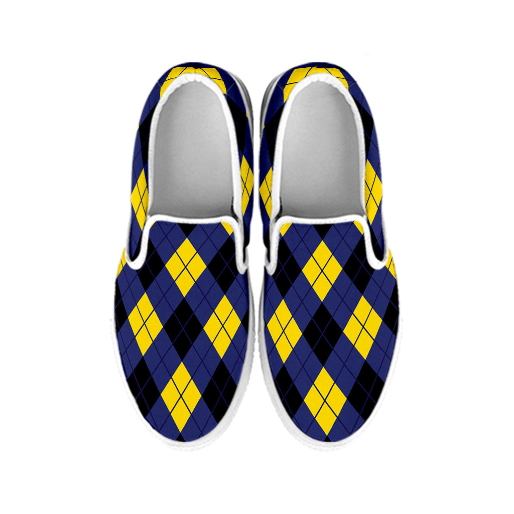 Blue Black And Yellow Argyle Print White Slip On Shoes