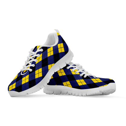 Blue Black And Yellow Argyle Print White Sneakers