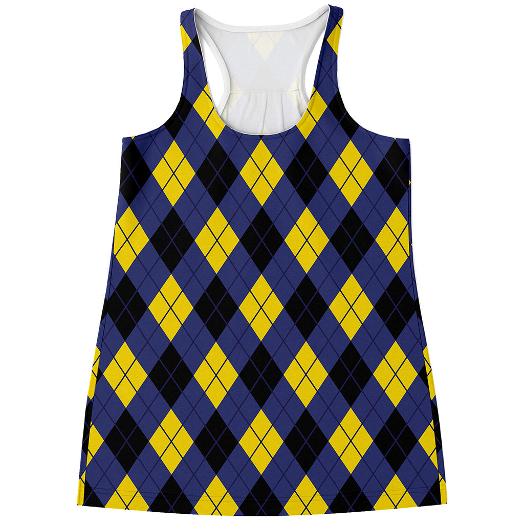 Blue Black And Yellow Argyle Print Women's Racerback Tank Top