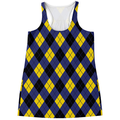 Blue Black And Yellow Argyle Print Women's Racerback Tank Top
