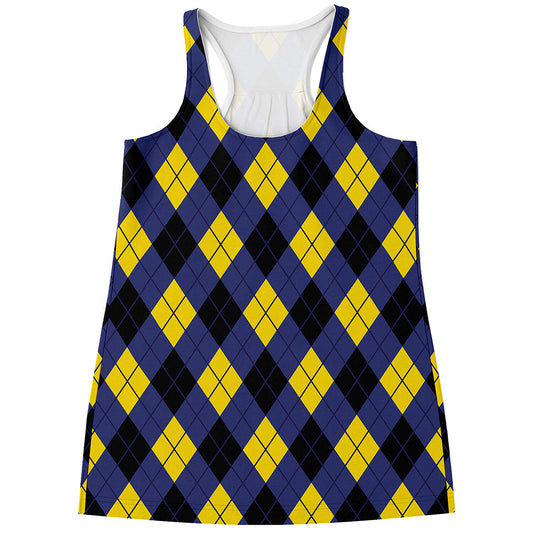 Blue Black And Yellow Argyle Print Women's Racerback Tank Top