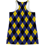 Blue Black And Yellow Argyle Print Women's Racerback Tank Top