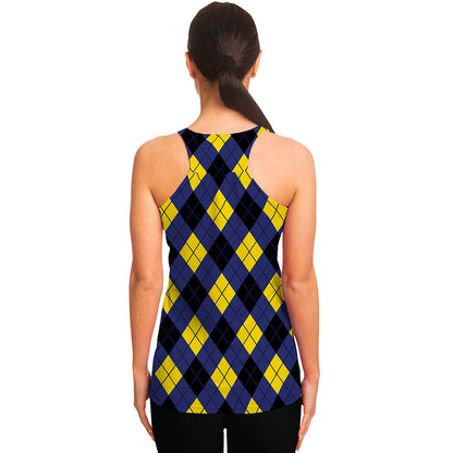 Blue Black And Yellow Argyle Print Women's Racerback Tank Top