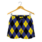 Blue Black And Yellow Argyle Print Women's Shorts