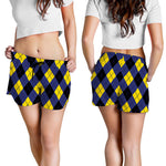 Blue Black And Yellow Argyle Print Women's Shorts