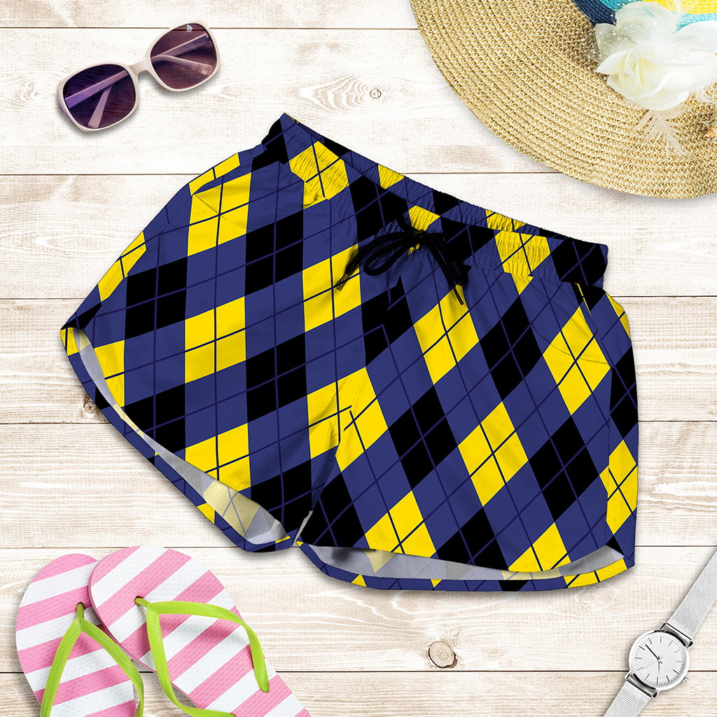 Blue Black And Yellow Argyle Print Women's Shorts