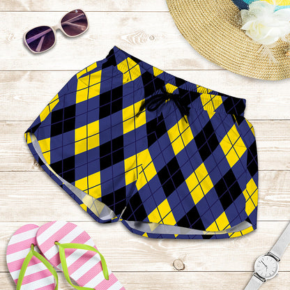 Blue Black And Yellow Argyle Print Women's Shorts