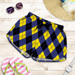 Blue Black And Yellow Argyle Print Women's Shorts
