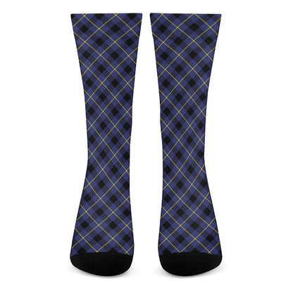 Blue Black And Yellow Plaid Print Crew Socks