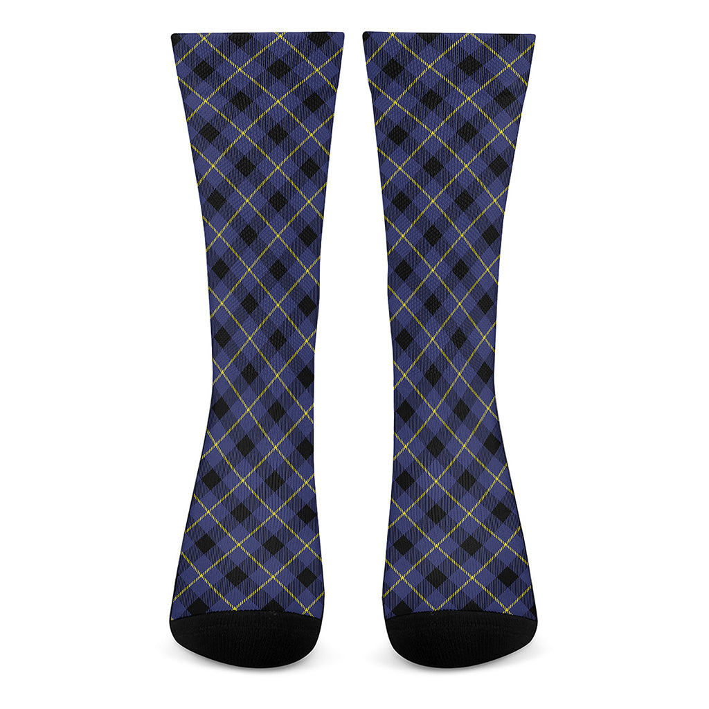 Blue Black And Yellow Plaid Print Crew Socks