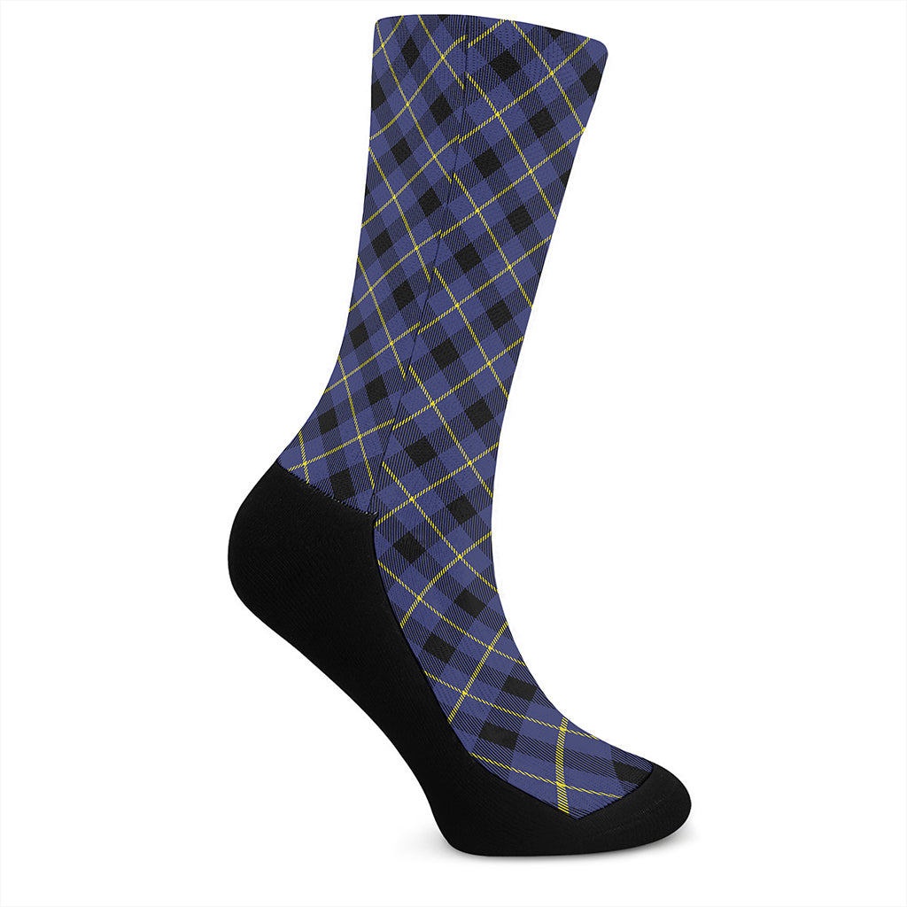 Blue Black And Yellow Plaid Print Crew Socks