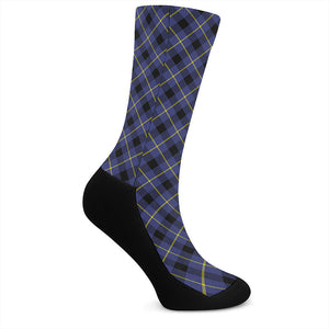 Blue Black And Yellow Plaid Print Crew Socks