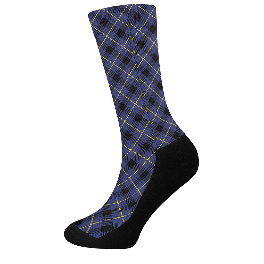 Blue Black And Yellow Plaid Print Crew Socks