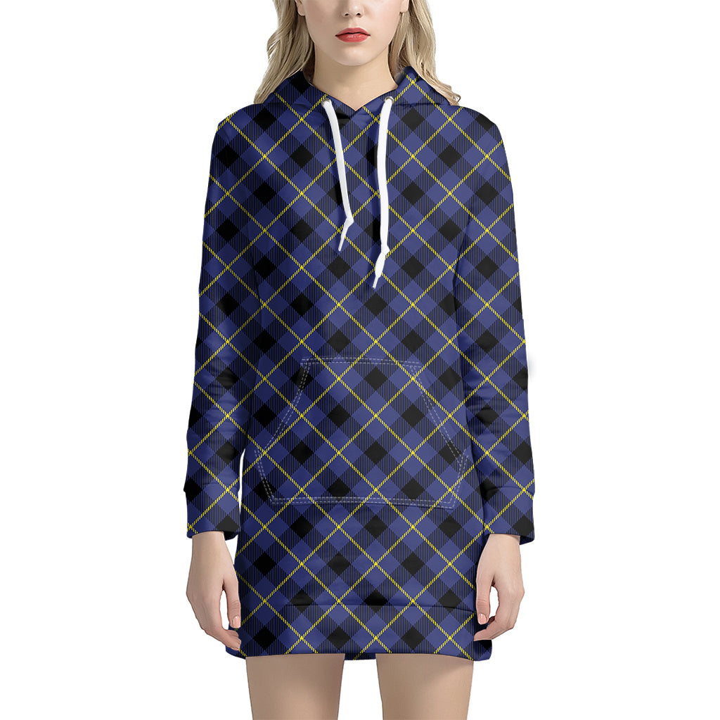 Blue Black And Yellow Plaid Print Hoodie Dress