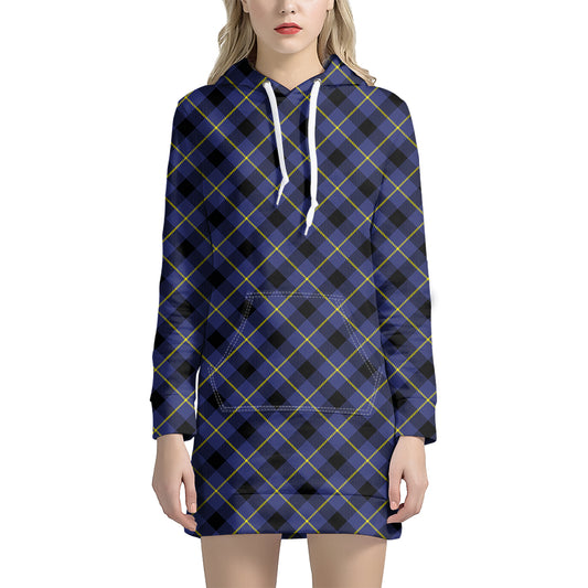 Blue Black And Yellow Plaid Print Hoodie Dress