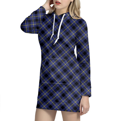 Blue Black And Yellow Plaid Print Hoodie Dress