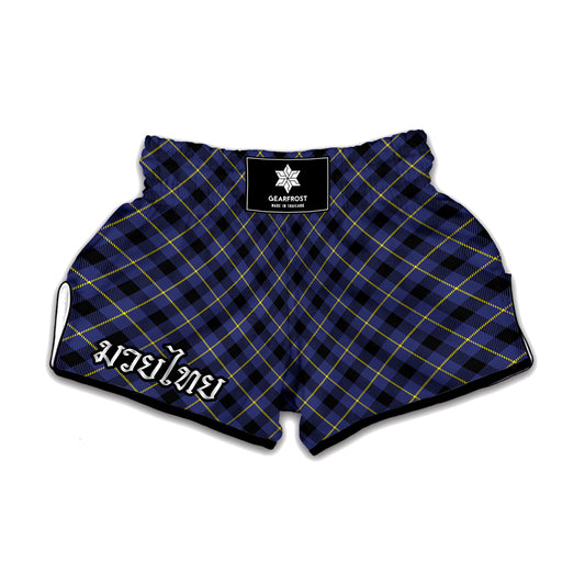 Blue Black And Yellow Plaid Print Muay Thai Boxing Shorts