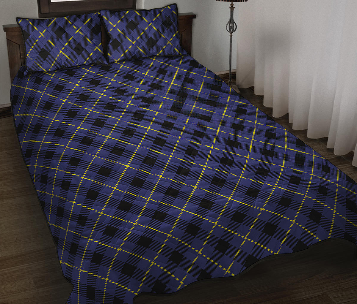 Blue Black And Yellow Plaid Print Quilt Bed Set