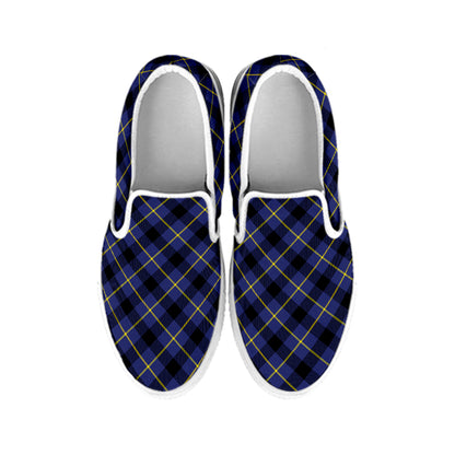 Blue Black And Yellow Plaid Print White Slip On Shoes