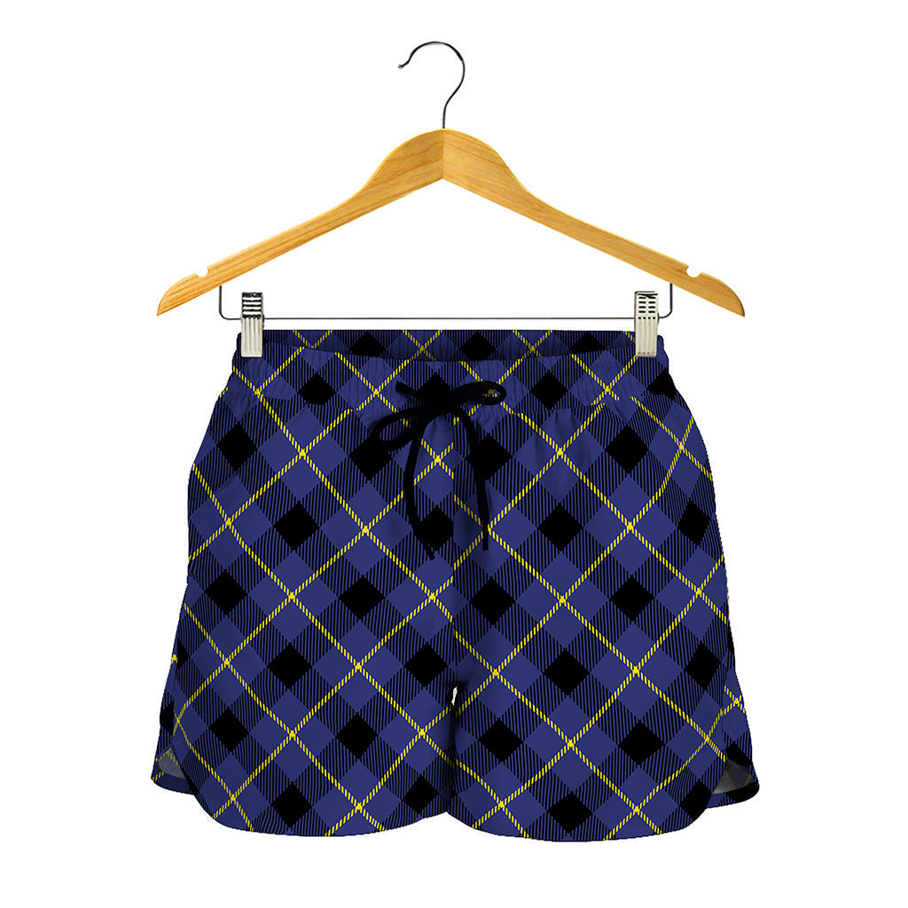 Blue Black And Yellow Plaid Print Women's Shorts