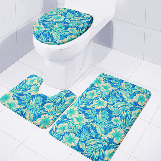 Blue Blossom Tropical Pattern Print 3 Piece Bath Mat Set