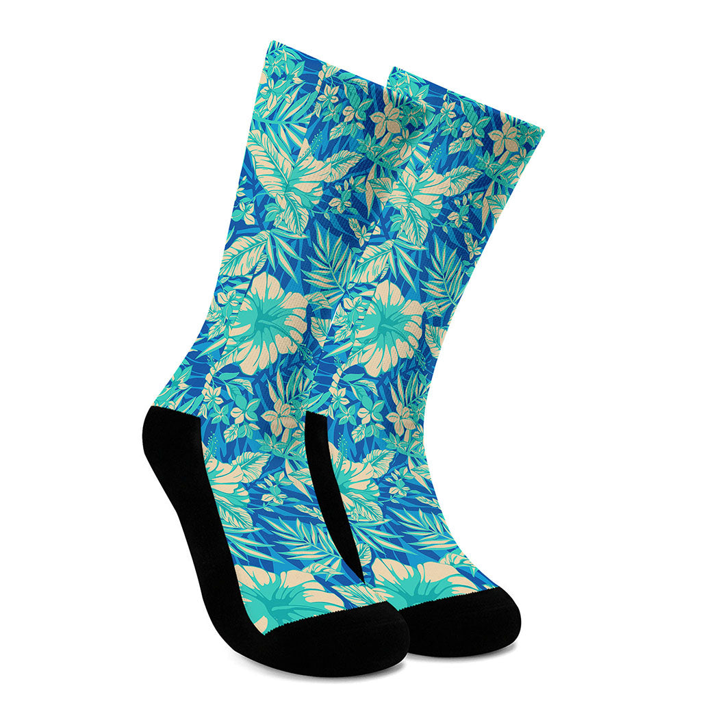 Blue Blossom Tropical Pattern Print Crew Socks