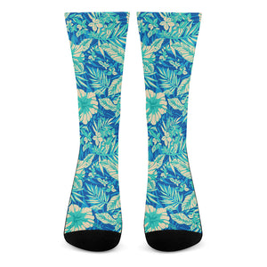 Blue Blossom Tropical Pattern Print Crew Socks