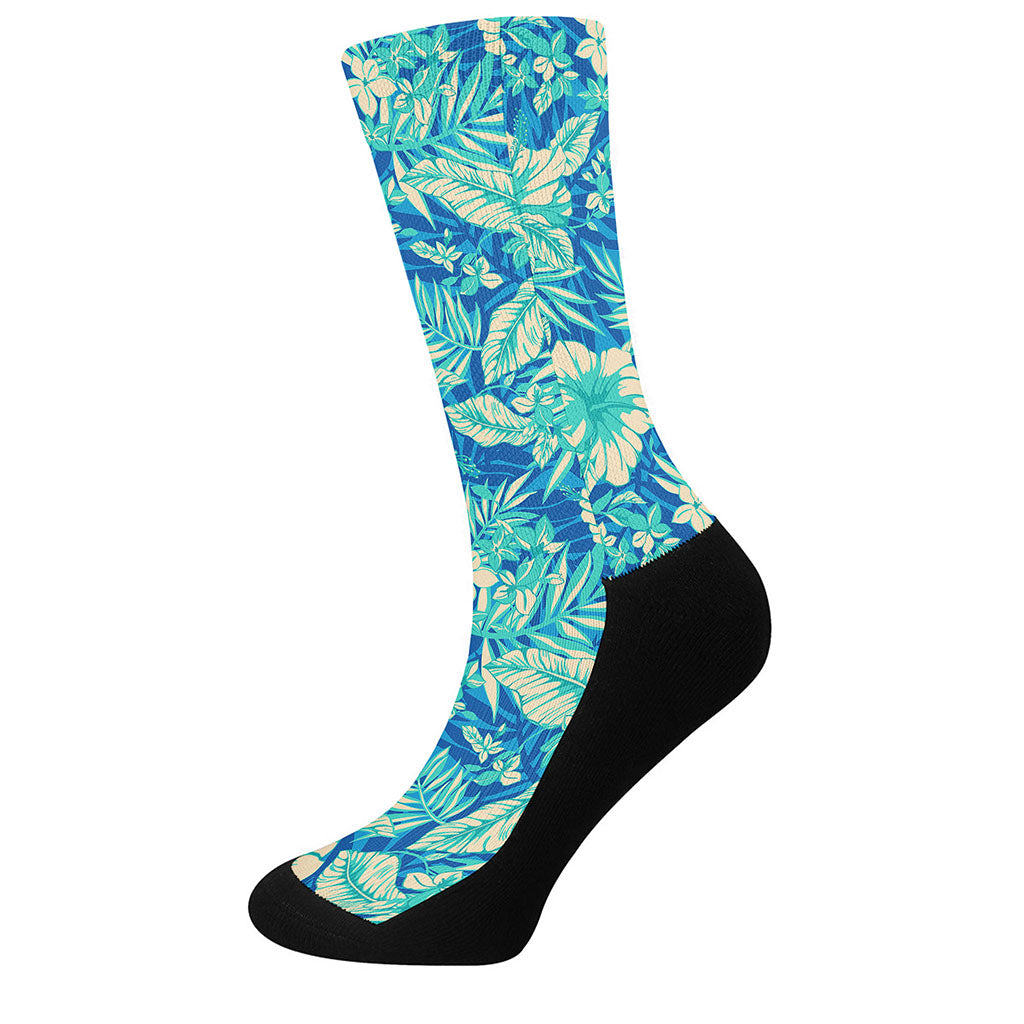 Blue Blossom Tropical Pattern Print Crew Socks