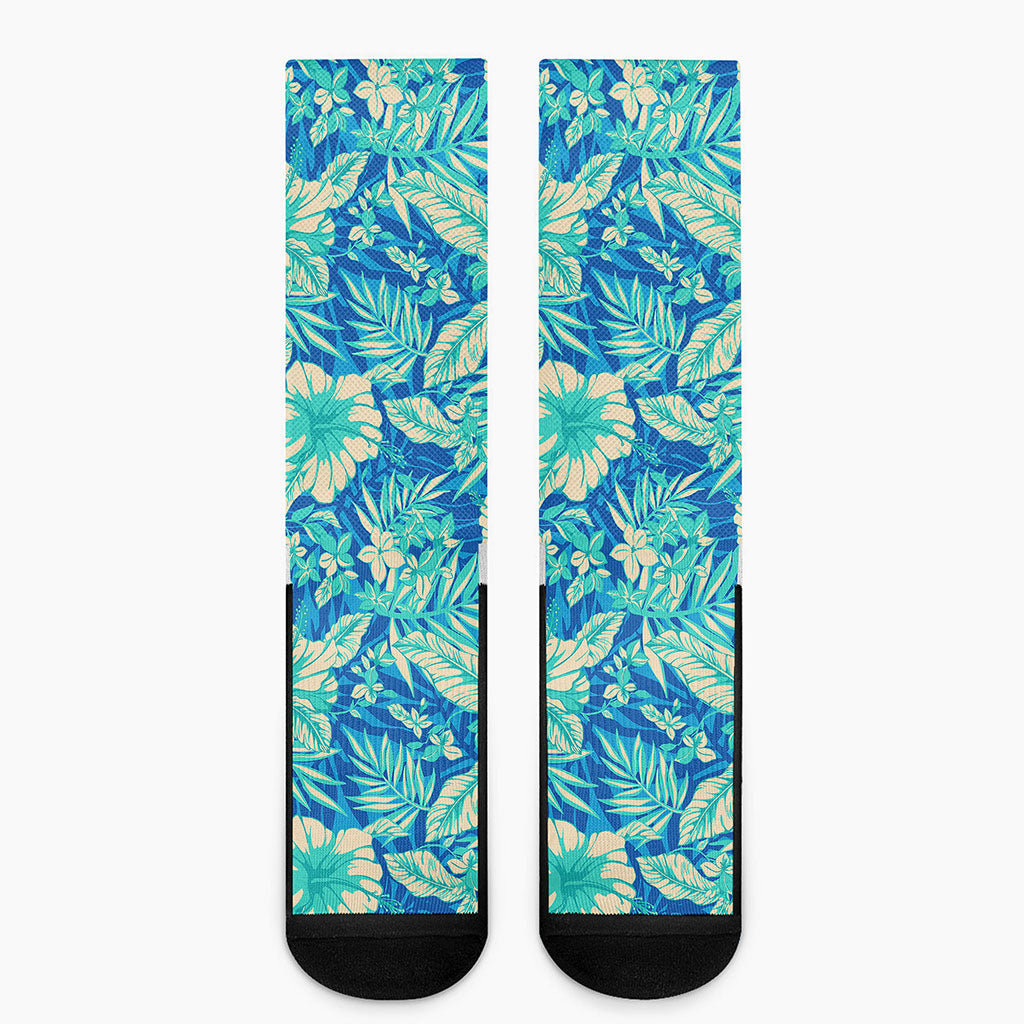 Blue Blossom Tropical Pattern Print Crew Socks