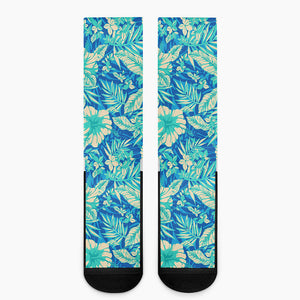 Blue Blossom Tropical Pattern Print Crew Socks