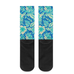 Blue Blossom Tropical Pattern Print Crew Socks