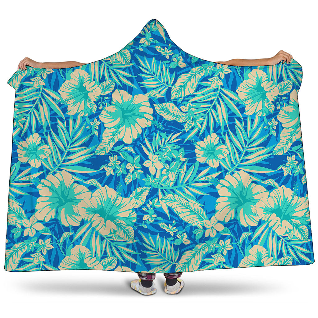 Blue Blossom Tropical Pattern Print Hooded Blanket