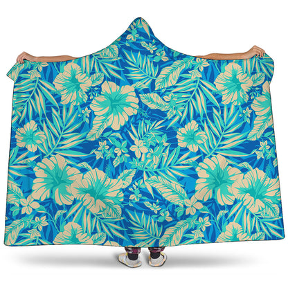 Blue Blossom Tropical Pattern Print Hooded Blanket