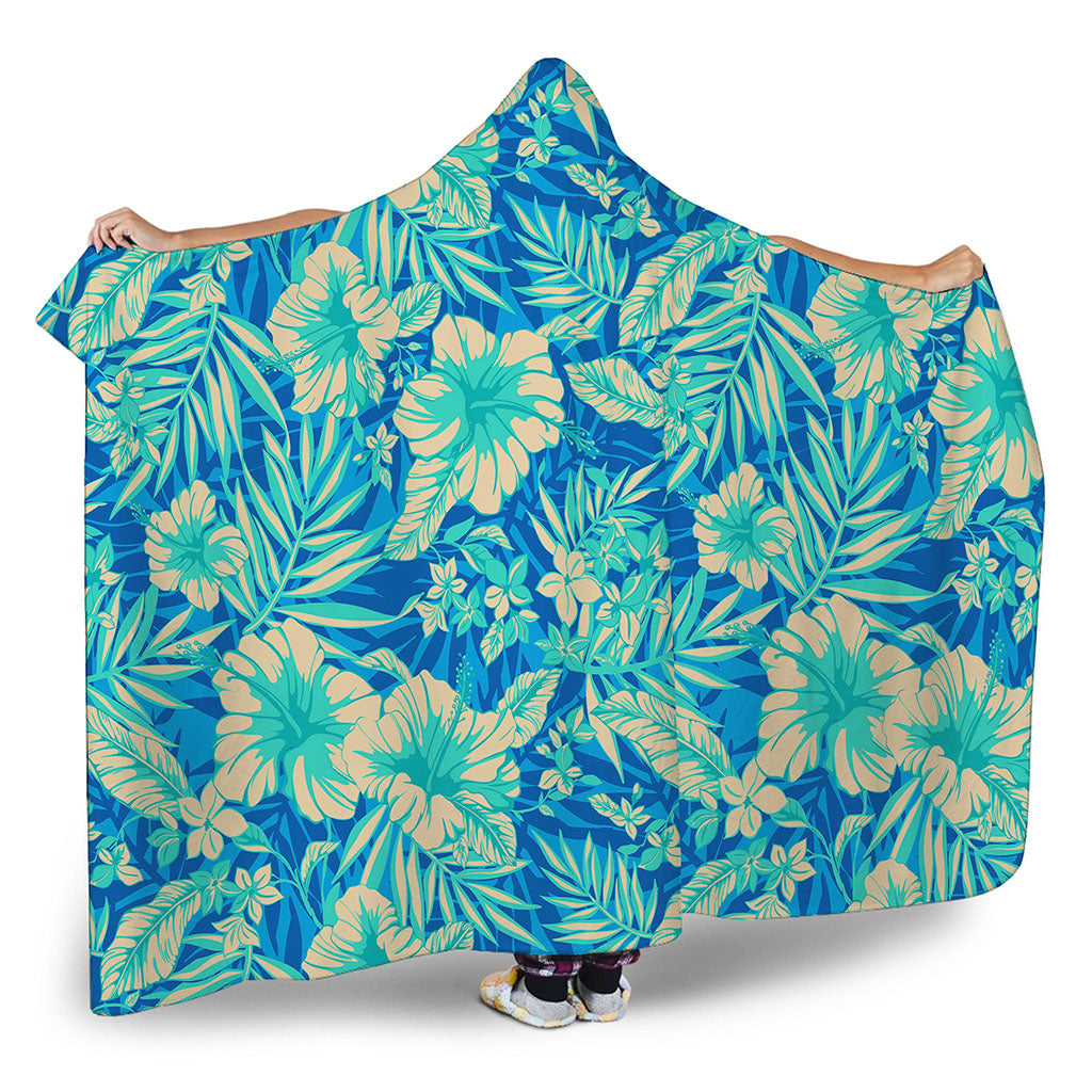 Blue Blossom Tropical Pattern Print Hooded Blanket