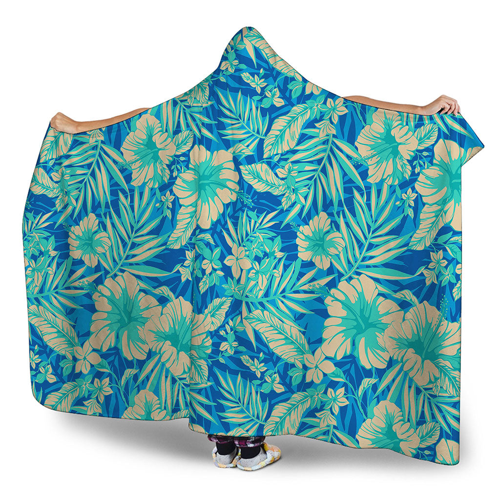 Blue Blossom Tropical Pattern Print Hooded Blanket