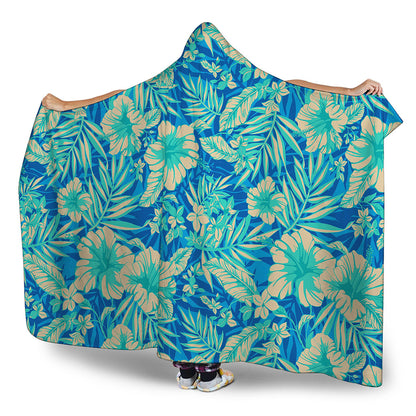 Blue Blossom Tropical Pattern Print Hooded Blanket
