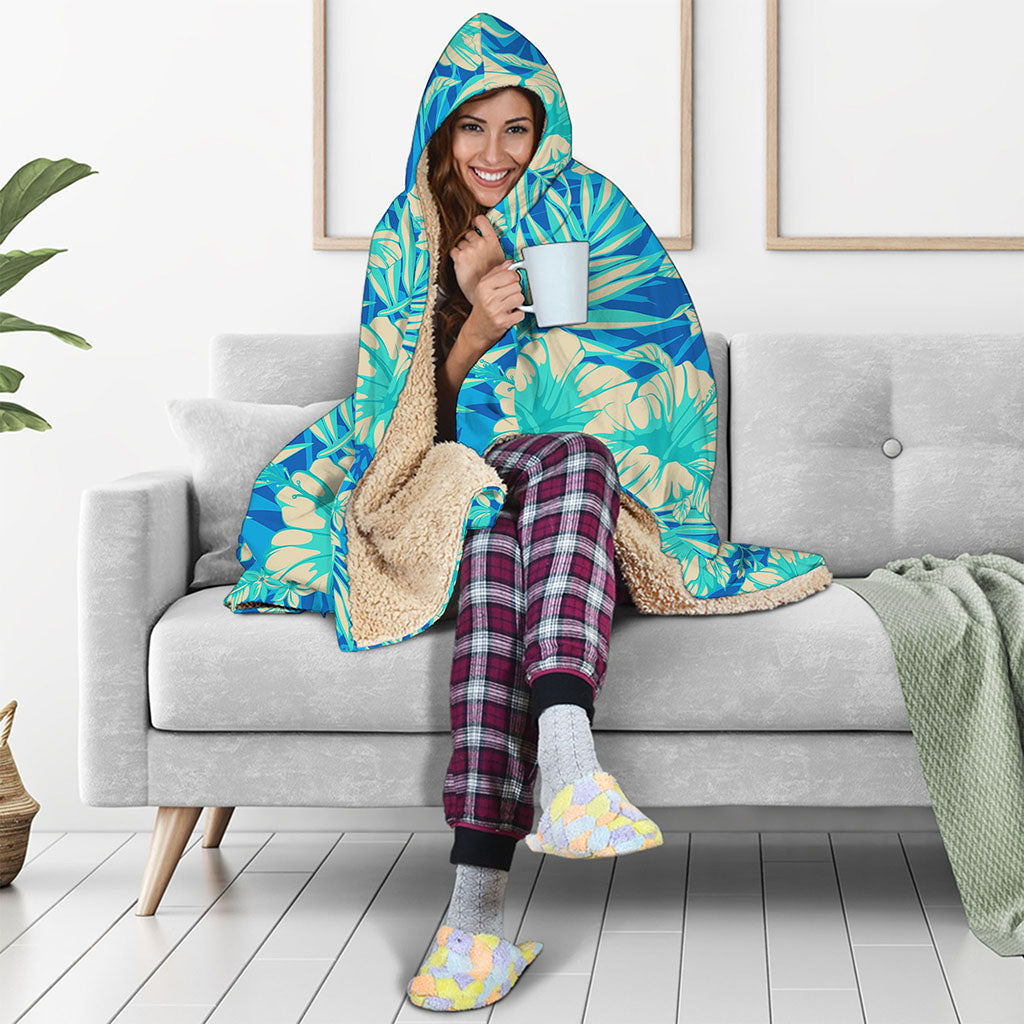 Blue Blossom Tropical Pattern Print Hooded Blanket