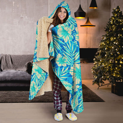 Blue Blossom Tropical Pattern Print Hooded Blanket