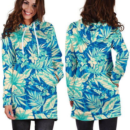 Blue Blossom Tropical Pattern Print Hoodie Dress GearFrost
