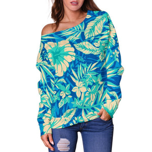 Blue Blossom Tropical Pattern Print Off Shoulder Sweatshirt GearFrost