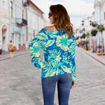 Blue Blossom Tropical Pattern Print Off Shoulder Sweatshirt GearFrost