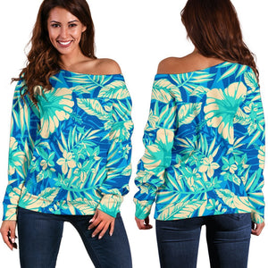 Blue Blossom Tropical Pattern Print Off Shoulder Sweatshirt GearFrost