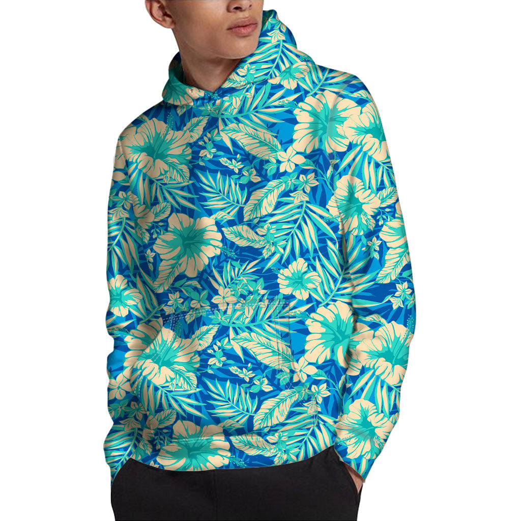 Blue Blossom Tropical Pattern Print Pullover Hoodie