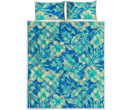 Blue Blossom Tropical Pattern Print Quilt Bed Set