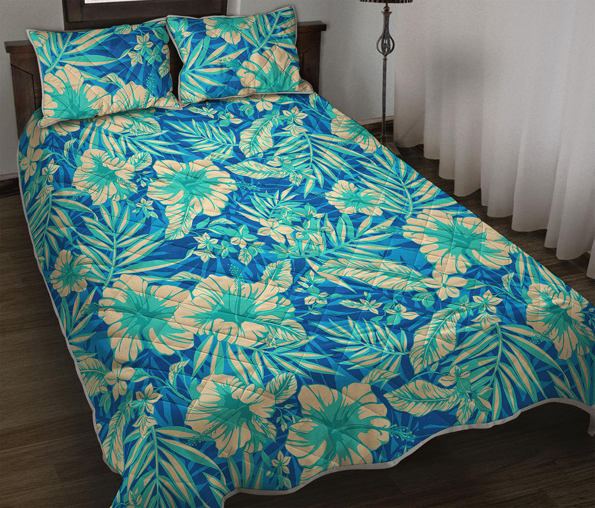 Blue Blossom Tropical Pattern Print Quilt Bed Set