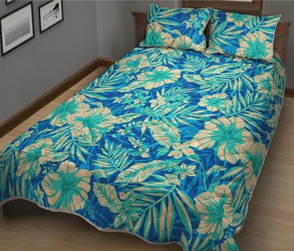 Blue Blossom Tropical Pattern Print Quilt Bed Set