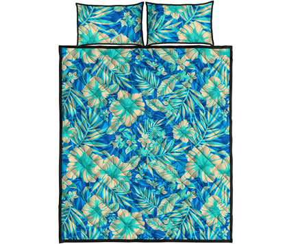 Blue Blossom Tropical Pattern Print Quilt Bed Set